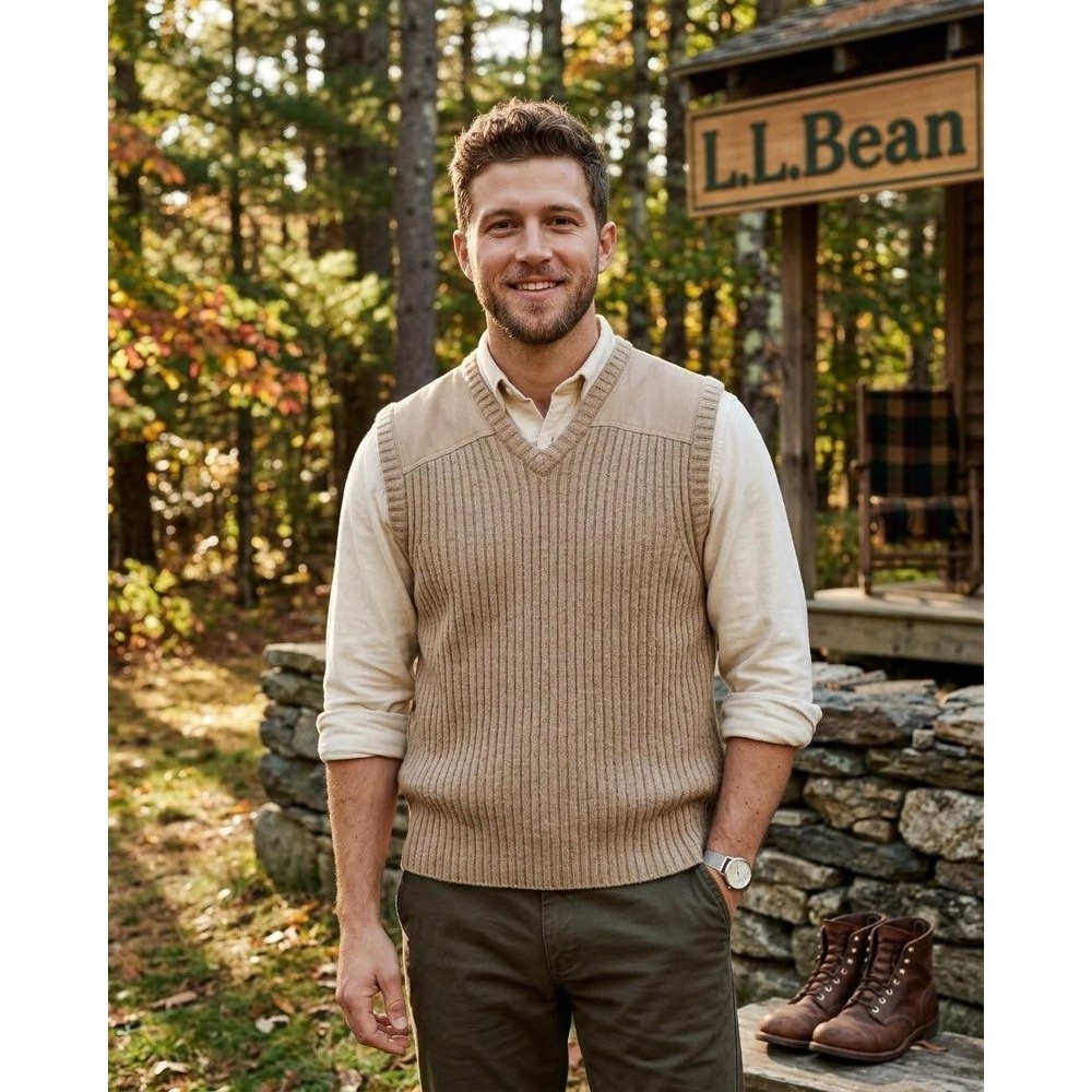 LL Bean Sweater Vest Mens Large Brown Merino Lambswool Commando V-Neck 282950